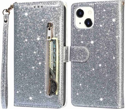 Portemonnee Hoesje - Wallet Case - Rits Sparkly Glitter - Telefoonhoes met Kord Geschikt voor: Apple iPhone 15 Plus - Zilver