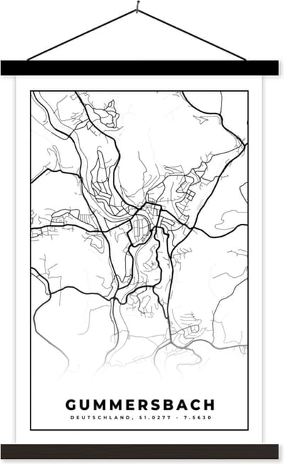 Posterhanger incl. Poster 40x60 cm - Schoolplaat - Stadskaart - Gummersbach - Plattegrond - Kaart - Textielposter - Zwarte latten - Stadskaart