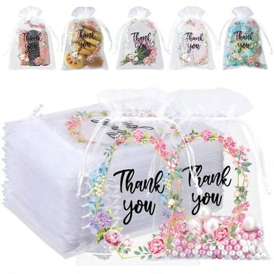 20x Organza Zakjes Met Print - Organza Met Opdruk - 10x15cm - Feestzakjes - Snoepzakjes - Cadeauzakjes - Uitdeelzakjes - Sieradenzakjes - Thank You Bloemenkrans - 10x15 cm - Wit - 20 Stuks