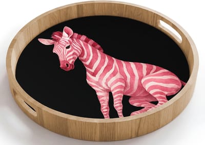 Dienblad rond 40x40 cm - Schootdienblad hout - Zebra - Roze - Gestreept - Borrelplank rechthoek - Plateau houten dienbladen