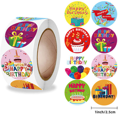 Ainy Stickers Happy Birthday - Stickers rol met 500 stuks van 25 mm - ideaal voor wenskaarten, bullet journal en knutselen