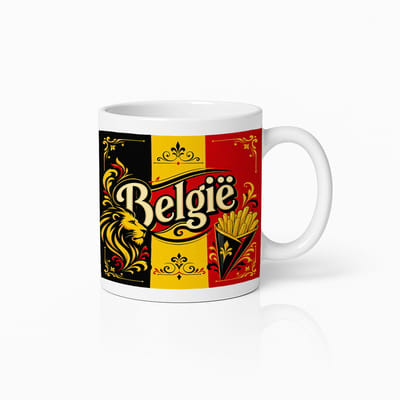 België Supporter Mok – Belgische Vlag Leeuw Friet Design – Witte Koffiemok voor Voetbalfans – België Souvenir Beker