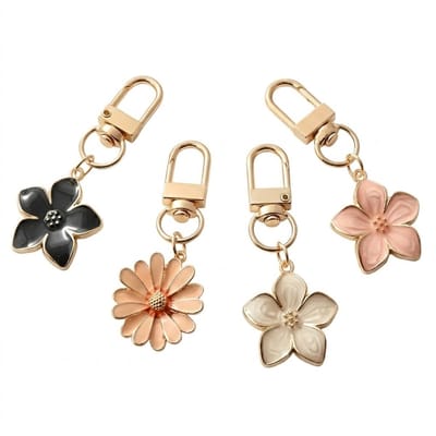 Meerkleurige goudkleurige bloemen sleutelhanger set met metalen clip en bloem hanger – 4 delige sleutelhanger set voor dames en heren – decoratieve keychains met daisy bloemen in verschillende kleuren