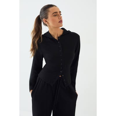 Dames Dsgn Studio Geribbelde Top Met Capuchon, Knoopsluiting En Getailleerd Detail | Zwart | Maat: XS