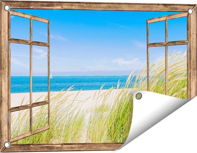 Gards Tuinposter Doorkijk Strand en Zee met een Zeilboot - 60x40 cm - Tuindoek - Tuindecoratie - Wanddecoratie buiten - Tuinschilderij