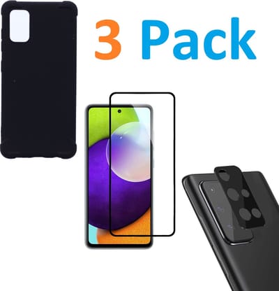 Anti-Schok Siliconen Hoesje Back Cover zwart + Display Full Tempered Glass Screen Protector  + Camera lens Beschermer zwart Geschikt voor: Samsung Galaxy A51 5G