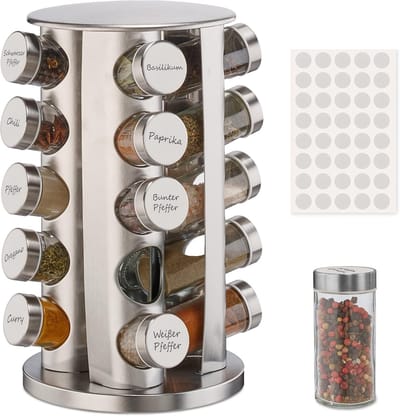 Famanu – Draaibaar kruidenrek met 20 potjes inclusief 40 labels 360 graden kruidencarrousel zilver