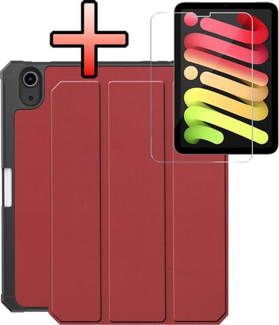 Hoes - Geschikt voor Apple iPad Mini 7 (2024) - 8.3 inch - 7e Generatie - Met Screenprotector - Trifold Bookcase - Hard Cover Case - Met Uitsparing Geschikt voor Apple Pencil - Hardcover Book - Tablet Hoesje - Donkerrood