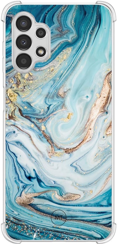 Hoesje (shockproof) geschikt voor Samsung Galaxy A13 4G - Marmer blauw goud - Extra sterke case - TPU/polycarbonaat - Marmer - Blauw, Transparant