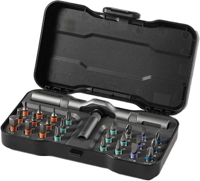 Ratelschroevendraaier Set - Reparatieset Bits - Precisie Werk - Krachtbesparend Handvat - 24 Delig - Zilver