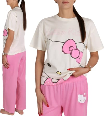 Hello Kitty Katoenen pyjama voor dames, tweedelige pyjama met korte mouwen en een lange broek, 100% katoen, L