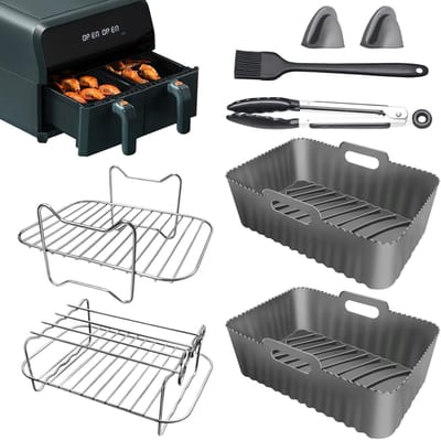 Dailygoods- Heteluchtfriteuse-accessoires 8-delig - Siliconen Inzetstukken - Roestvrijstalen Standaard - Handschoenen - Levensmiddelclip - BPA-vrij - Airfryeraccessoires