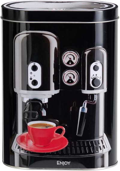 Excellent Houseware Koffie bewaarblik - metaal - retro print zwart - 13 x 8 x 19 cm - cups / bonen / filterkoffie