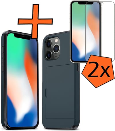 Hoesje Geschikt voor iPhone 11 Pro Hoesje Pasjeshouder Shockproof Hard Case Met 2x Screenprotector - Hoesje Geschikt voor iPhone 11 Pro Hoes Met Kaarthouder - Donkerblauw