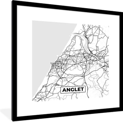 Fotolijst incl. Poster Zwart Wit- Anglet - Kaart – Stadskaart – Frankrijk – Plattegrond - Zwart wit - 40x40 cm - Posterlijst