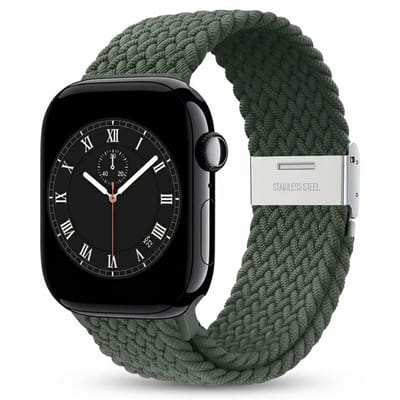 Olijfgroen nylon horlogebandje geschikt voor Apple Watch dames en heren 38 mm / 40 mm / 41 mm / 42 mm (serie 10 / 11), elastisch smartwatch bandje zonder gesp, gevlochten stretch vervangend horloge bandje
