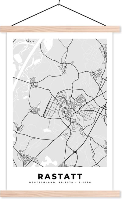 Posterhanger incl. Poster 40x60 cm - Schoolplaat - Rastatt - Stadskaart - Plattegrond - Duitsland - Kaart - Textielposter - Blanke latten - Stadskaart
