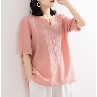 Chemise Brodée Coton et Lin Col en V Couleur Unie pour Femme Artistique Coupe Ample Pull Broderie Courte Poignets Boutons Grande Taille Été 3XL brown
