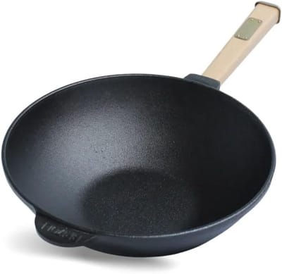 Wok braadpan 26 cm met houten handvat - Gietijzeren grillpan voor outdoor en inductie