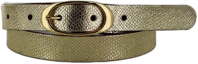 Feestelijke Dames Riem | Smalle Leren Riem | Slangenprint | Kleur: Goud | 2,5cm breed | Riemmaat: 85cm (totale lengte: 100cm) | 100% echt leer | Nikkelvrije gouden gesp