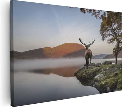 Artaza Canvas Schilderij Hertenkop - 30x20 cm - Klein - Wanddecoratie Meer - Muurdecoratie Natuur - Kamer Accessoires