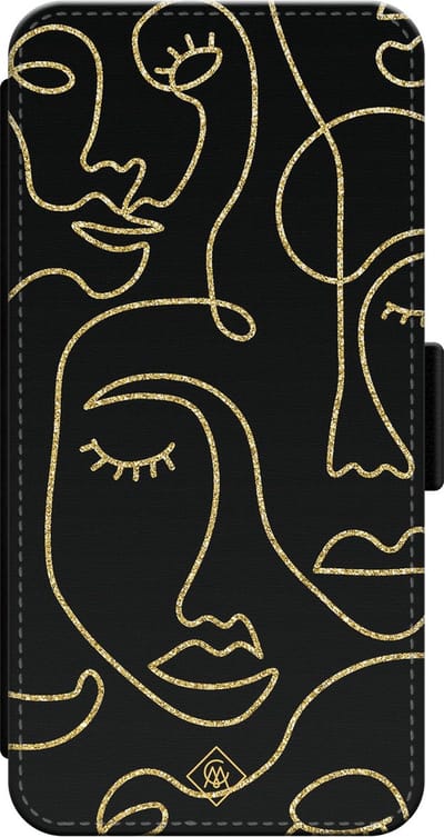 Casimoda® bookcase - Geschikt voor iPhone 14 - Hoesje met pasjeshouder - Abstract Faces - Zwart - Kunstleer