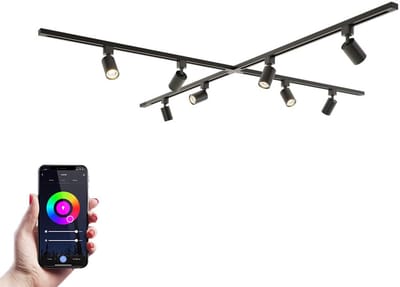 HOFTRONIC railverlichting pakket X-vorm – 4x 1 meter rail – 8 RGBWW GU10 railspots – dimbaar – aluminium zwart – IP20 – modulair – 230V – led railsysteem woonkamer keuken