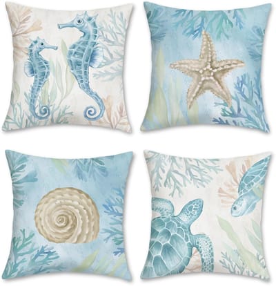 Dailygoods- Kussenslopen Set van 4 - Zacht Pluche - Zeedieren Patroon - 40 x 40 cm - Verborgen Ritssluiting - Perfect voor Woondecoratie - Kussenhoezen