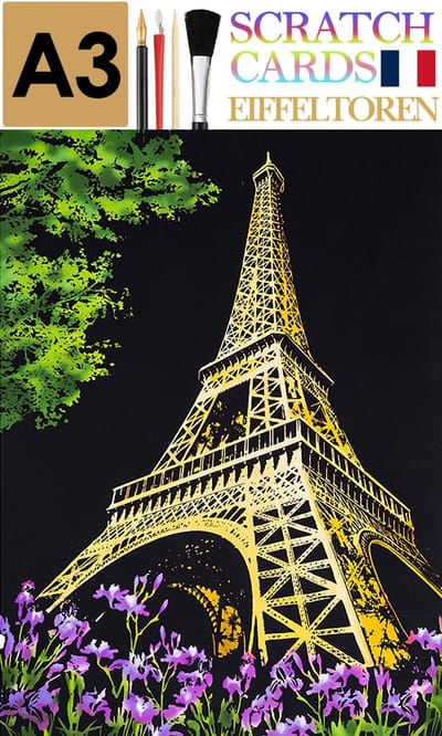 Ainy - Scratch Art Eiffeltoren (A3) | DIY kras tekeningen incl. gereedschappen | Schilderen op kleuren kunst kraskaart | hobby & creatief voor volwassenen en kinderen ( meisjes ) | Knutselen - ontspanningspakket | Schilderijen set nummer 19