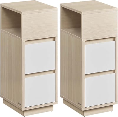 Furnstar - Nachtkastje - Set van 2 - Smal - Bijzettafel met 2 laden - Open vak links of rechts monteerbaar - Voor slaapkamer en woonkamer - Natuurbeige Wolkenwit
