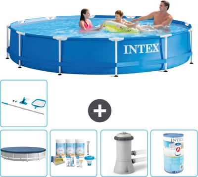 Intex Rond Frame Zwembad - 366 x 76 cm - Blauw - Inclusief Afdekzeil - Onderhoudspakket - Zwembadfilterpomp - Filter - Schoonmaakset - 6-delig