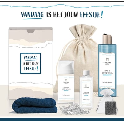 Geschenkset "Vandaag is het jouw feestje!" - 6 Producten - 650 Gram - Triomf Cosmetica | Giftset voor hem Geschenk Speciaal voor jou Luxe Wellness cadeaubox Cadeau Set Man Vriend Collega Cadeaupakket Verjaardag Jubileum Afscheid Pensioen Blauw