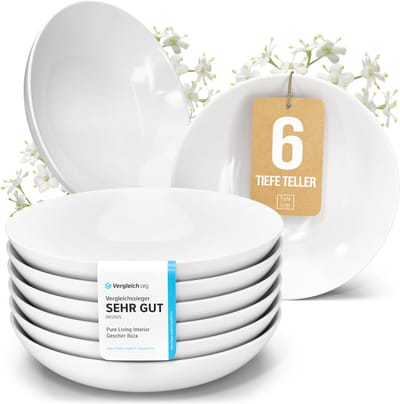 Pure Living Crystal Diepe Borden - Wit - 6 Stuks (Ø 20 cm) - Porselein - Hittebestendig - Magnetron & Vaatwasserbestendig