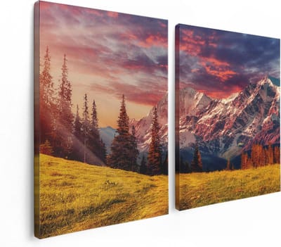Artaza Canvas Schilderij Tweeluik Alpen Landschap Met Een Kleurrijke Hemel - 120x80 - Foto Op Canvas - Canvas Print