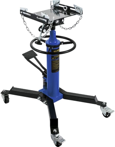 Hydraulische telescopische transmissiekrik, capaciteit 0,5 ton/1100 lbs, 2-traps vloerkrik met voetpedaal en 360° zwenkwielen, ideaal voor gebruik in garages en werkplaatsen, blauw