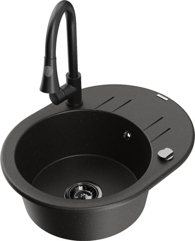 Mexen Kevin granieten gootsteen 1-kamer met afdruiprek en keuken kraan Elia, zwart/goud metallic - 6517-75-670101-70-B