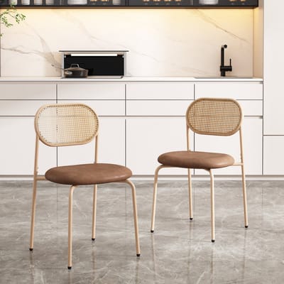 OKWISH Eetkamerstoel – Set van 2 Rattan Stoelen met Ovale Rugleuning – Metalen Poten en Ergonomisch Zitcomfort voor Eetkamer en Horeca – Rattan – Bruin