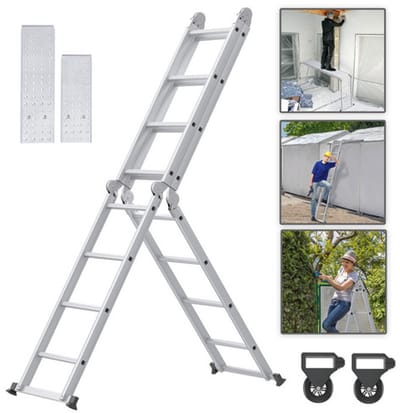 4 x 4 Treden - 6 in1 Ladder, Multifunctionele Ladder, aluminium scharnierladder, vouwladder, multifunctionele ladder, aluminium ladder, combiladder met platform,Belastbaar tot 150 kg-470 cm