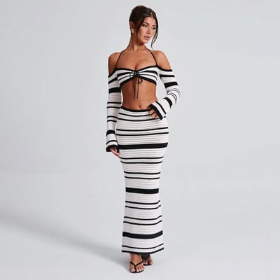 Korte Top met Vetersluiting en Open Navel Strand Contrast Lange Gestreepte Rok Strandpak Dames S gray