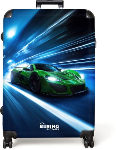 NoBoringSuitcases.com® - Koffer groot - Reiskoffer lichtgewicht - Groene supercar flitst door neonlicht - Rolkoffer met 4 wielen - Grote trolley XL - 98 liter bagage