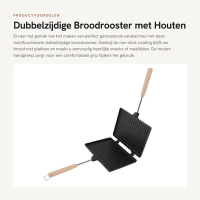 Dailygoods- Broodrooster Dubbelzijdig - Sandwichmaker - Houten Handgreep - Antiaanbaklaag - 23,1 x 17 cm - Multifunctioneel Gebruik
