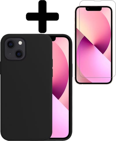 Hoesje - Met Screenprotector - Geschikt voor Apple iPhone 14 - Sterk & Shockproof - Back Cover - Siliconen Case - Telefoon Hoes - Telefoonhoesjes - Zwart