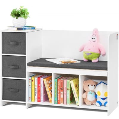 VEVOR Kinderleesbank, Peuterboekenkast met Verwijderbaar Zitkussen, 6-laags Opbergbank met 3 Laden, Ideaal voor Speelkamer, Slaapkamer, Woonkamer