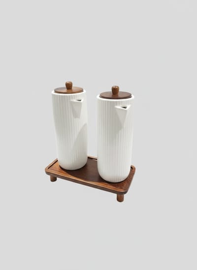 Keramische Olie- & Azijnset – 2 stuks – 400 ml per fles – Met houten deksel – Olie en azijn fles – Wit – Keuken accessoires