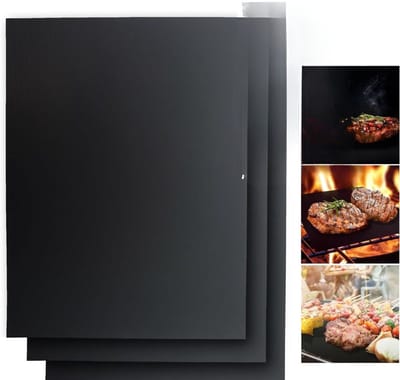 Famanu - Grillmatten, anti-aanbaklaag, grillmat, herbruikbaar, houtskoolgrill, gasgrill, elektrische grill, Style voor vlees, vis (set van 3, 40 x 33 cm, 300 °C zwart)