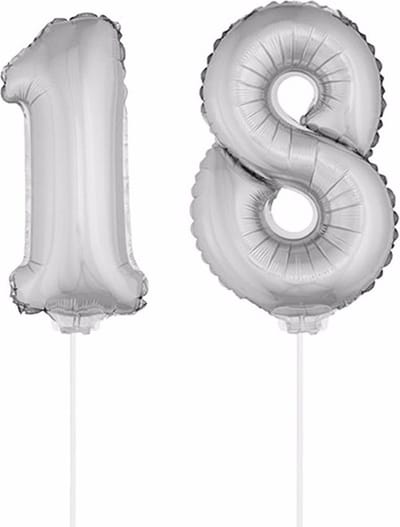 18 jaar leeftijd feestartikelen - versiering cijfers - ballonnen op stokje - van 41 cm - Combi van cijfer 18 - in het zilver