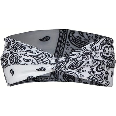 Bandeau de Sport Imprimé Européen et Américain Élastique Nœud Croisé Bandeau Yoga Foulard Paisley Accessoire Cheveux blanc