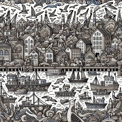Doodle haven schilderij | Haven of Creativity: An Artistic Doodle of Imagination and Inspiration | Kunst - 40x40 centimeter op Canvas | Foto op Canvas