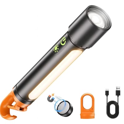 Sounix Oplaadbare LED Zaklamp - COB Verlichting - 3500mAh - Inclusief Opladerbare 21700 Batterij en Kabel - Duurzaam en Waterdicht - Zwart