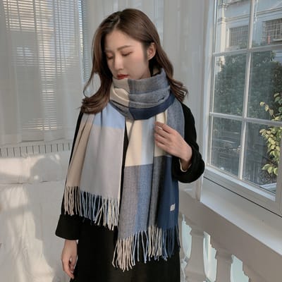 Kasjmier sjaal-damessjaal-winterwarme - sjaal-geruite sjaal-omslagdoek-200*70cm-marineblauw